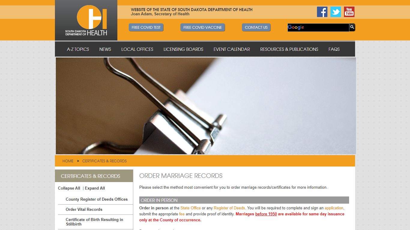 Order Marriage Records - SD Dept. of Health - South Dakota