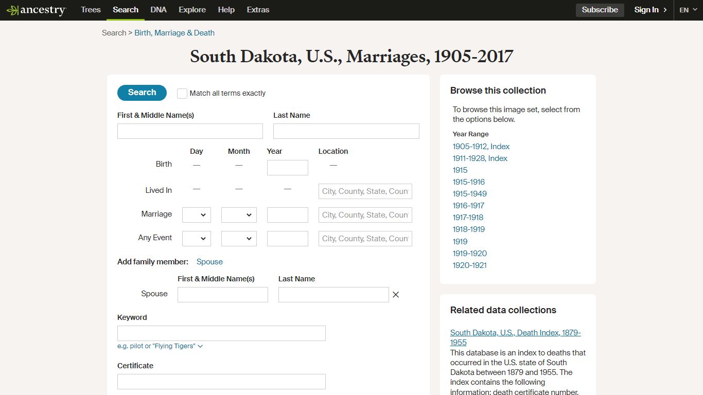 South Dakota, U.S., Marriages, 1905-2017 - Ancestry