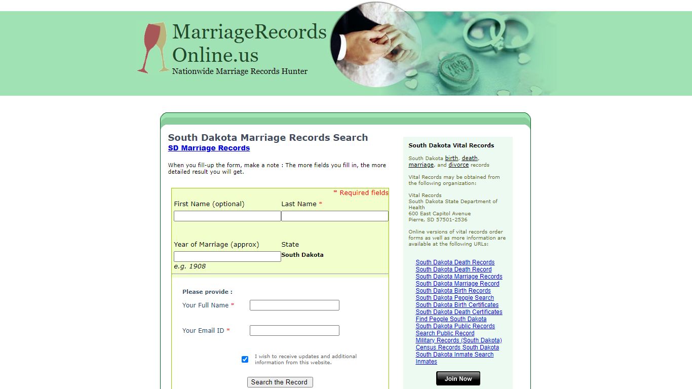 South Dakota Marriage Records Search, South Dakota State ...
